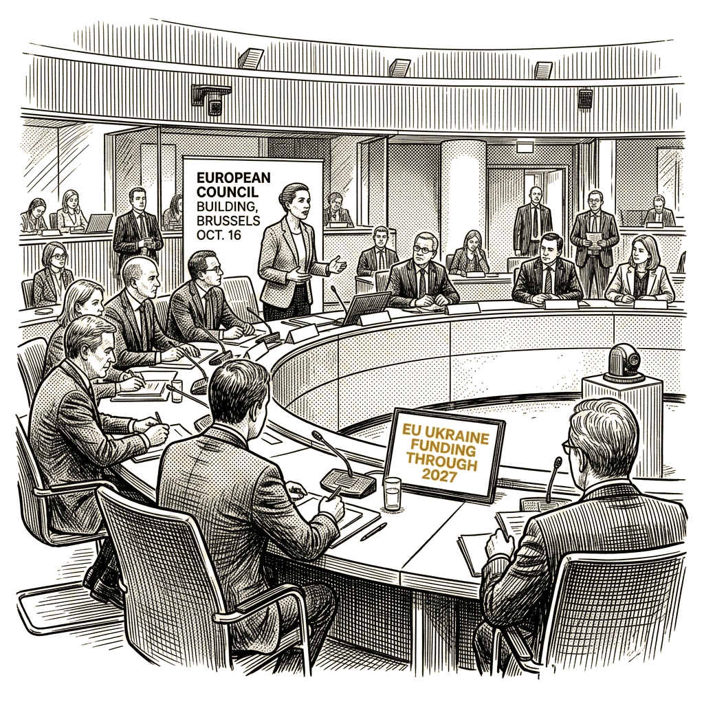 Illustration accompanying article: Frederiksen urges EU to maintain Ukraine funding through 2027