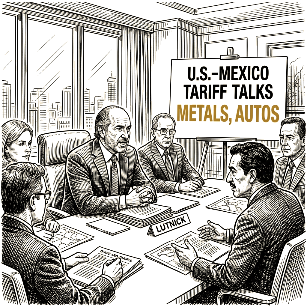 Illustration accompanying article: Lutnick stalls U.S.-Mexico tariff talks on metals, autos