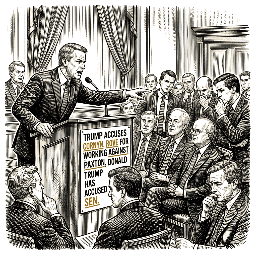 Illustration accompanying article: Trump accuses Cornyn, Rove for working against Paxton