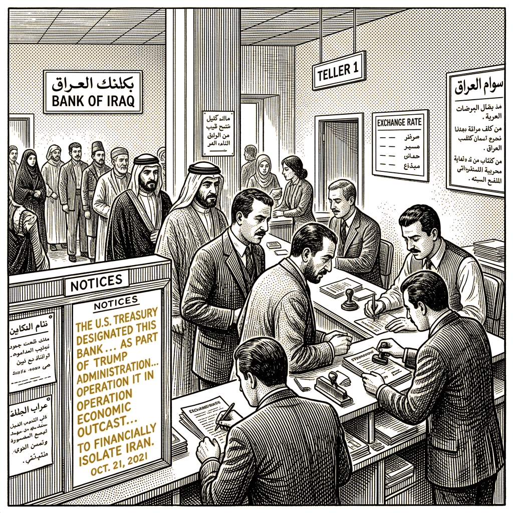 Illustration accompanying article: US Treasury blacklists Iraqi bank as part of broader Iran sanctions