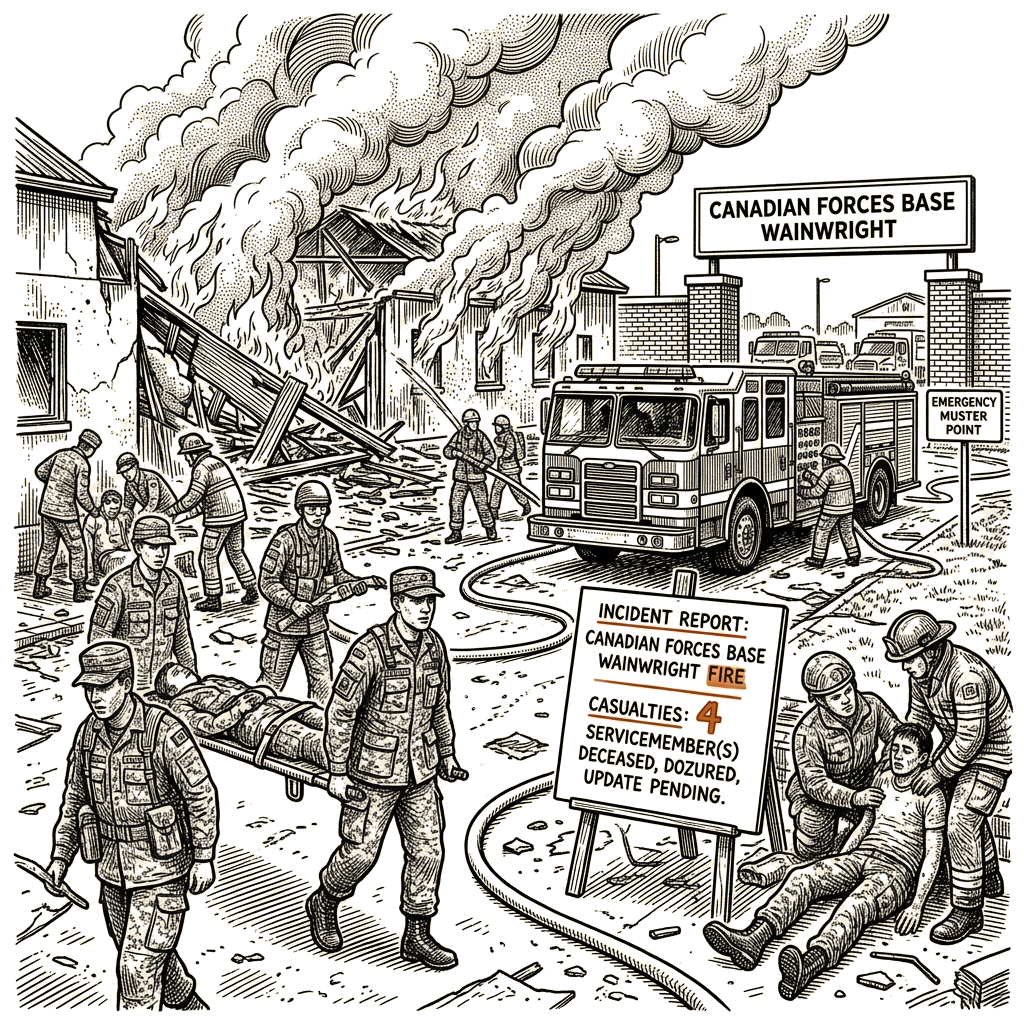 Illustration accompanying article: Fire at Canadian Forces Base Wainwright kills at least 4, seriously injures dozens