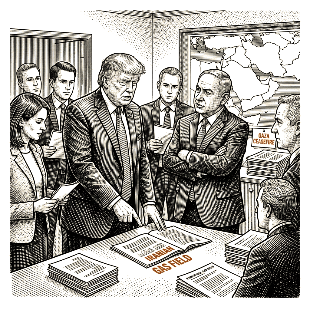 Illustration accompanying article: Trump's disputes with Netanyahu span an Iranian gas field, Hezbollah and Gaza