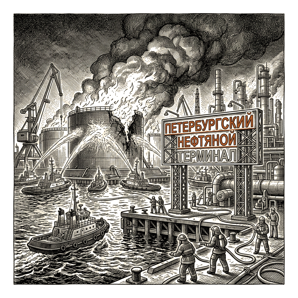 Illustration accompanying article: Ukrainian drones hit St. Petersburg oil terminal as energy ceasefire collapses