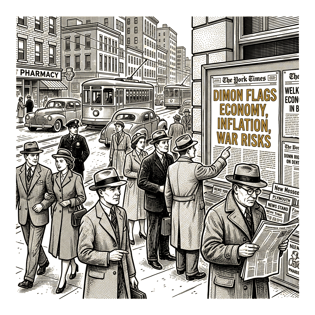 Illustration accompanying article: Dimon says US economy in 'good times,' flags inflation and war risks