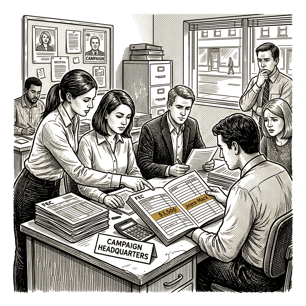 Illustration accompanying article: Flippo campaign credited $3,500 donation to deceased Nevada donor