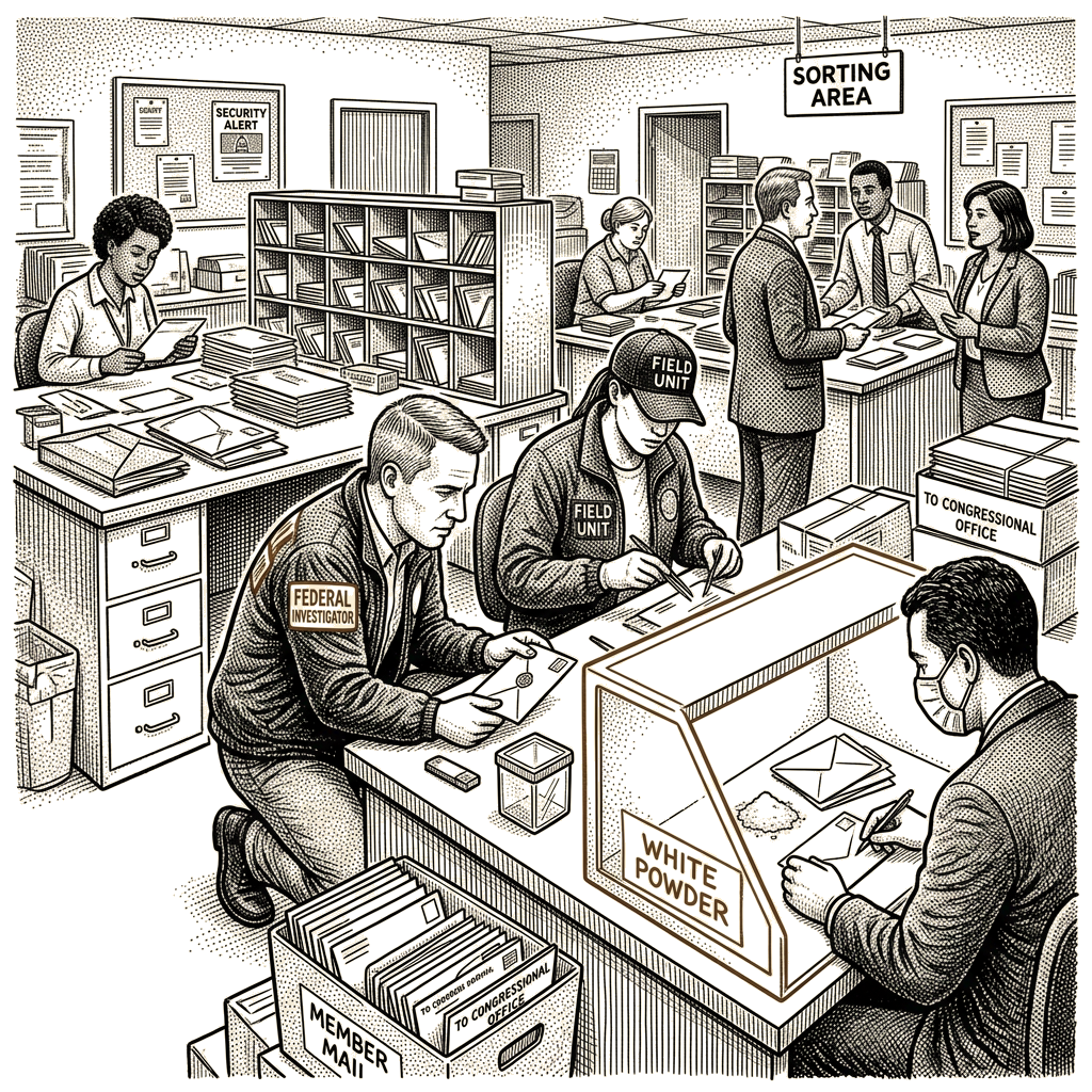 Illustration accompanying article: Powder envelopes target over three dozen Congress offices ahead of midterms