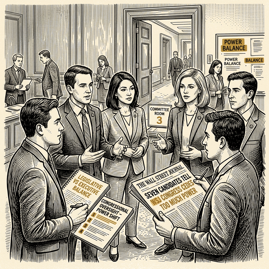 Illustration accompanying article: Seven candidates tell WSJ Congress cedes too much power to executive