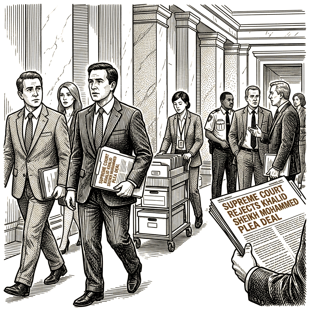 Illustration accompanying article: Supreme Court rejects effort to revive Khalid Sheikh Mohammed plea deal