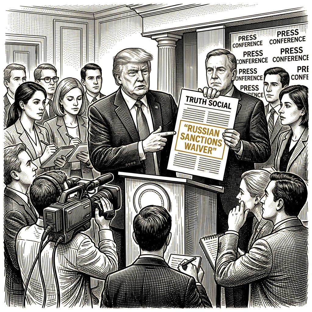 Illustration accompanying article: Trump defends Russia sanctions waiver in Sunday TruthSocial post