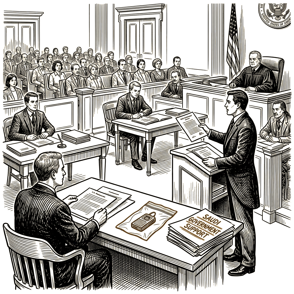 Illustration accompanying article: US prosecutors allege Saudi government support for OpenAI recorder suspect