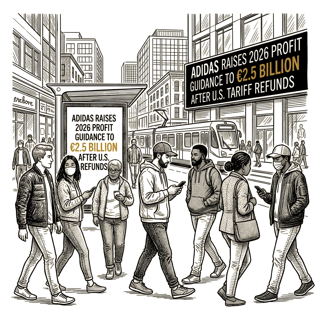 Illustration accompanying article: Adidas raises 2026 profit guidance to €2.5 billion after U.S. tariff refunds