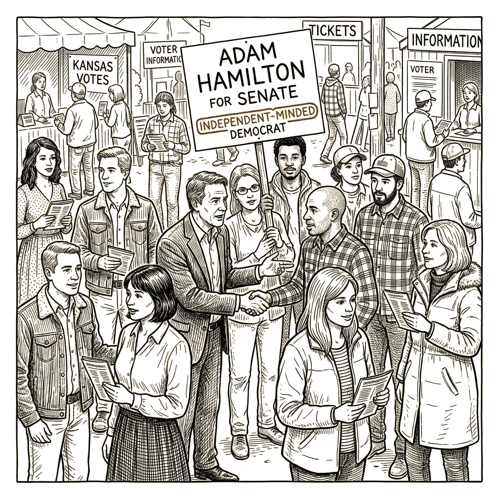 Illustration accompanying article: Hamilton courts Republicans and independents in close Kansas Senate race