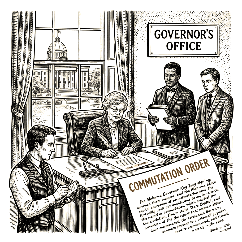 Illustration accompanying article: Kay Ivey commutes Toforest Johnson's death sentence to life without parole