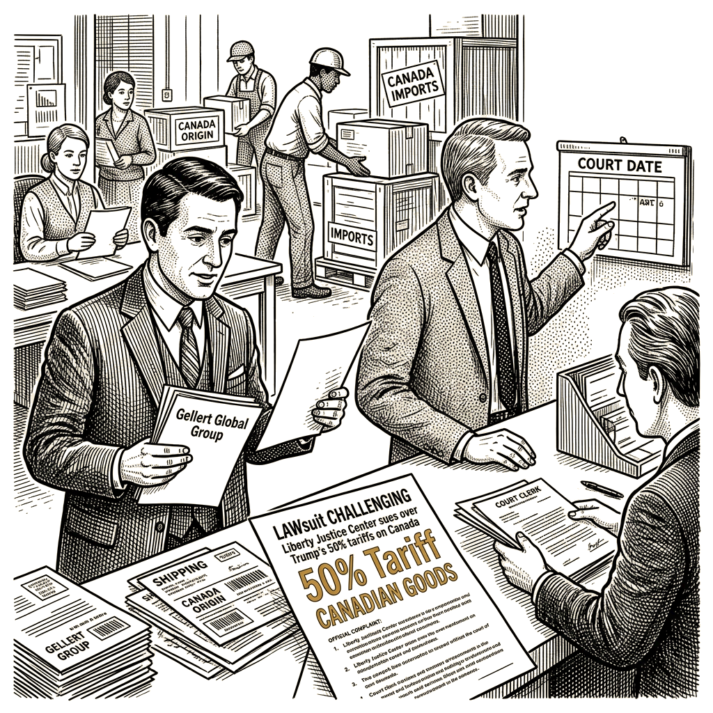 Illustration accompanying article: Liberty Justice Center sues over Trump's 50% tariffs on Canada