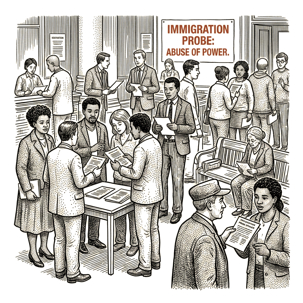 Illustration accompanying article: Mahdawi calls Omar immigration probe an abuse of power