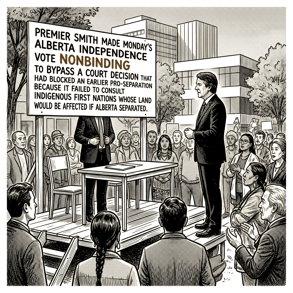 Illustration accompanying article: Smith made Alberta's vote nonbinding after a failure to consult First Nations