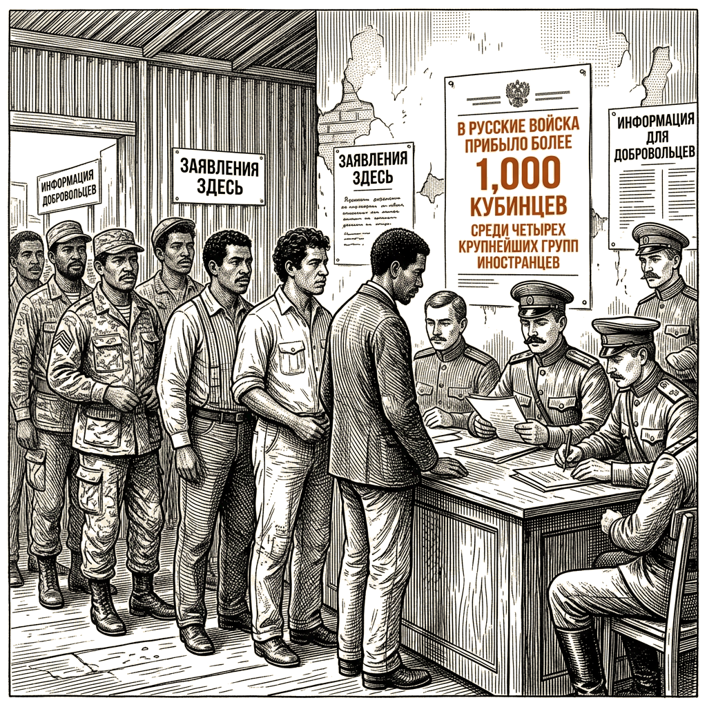 Illustration accompanying article: Ukraine says Russia has recruited over 1,000 Cubans for military service