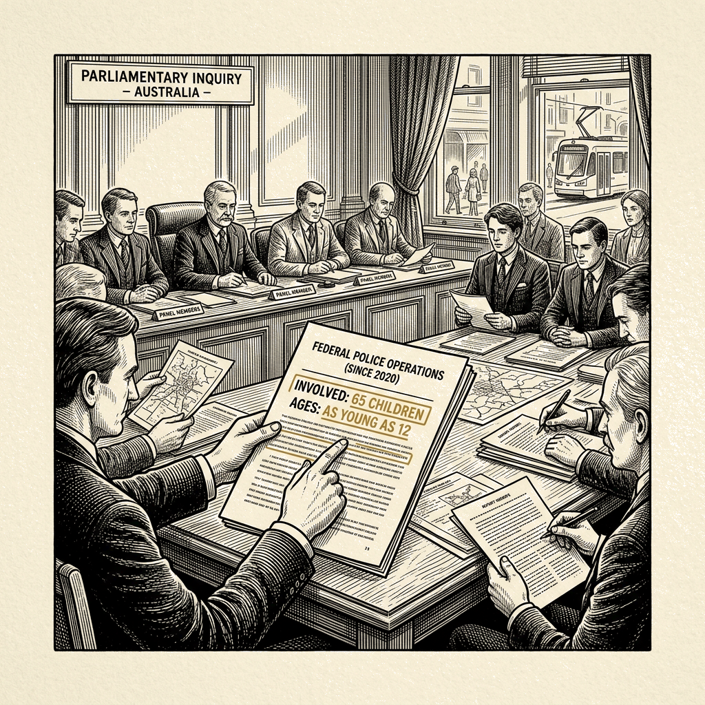 Illustration accompanying article: Australian inquiry hears 65 children were subject to federal police operations