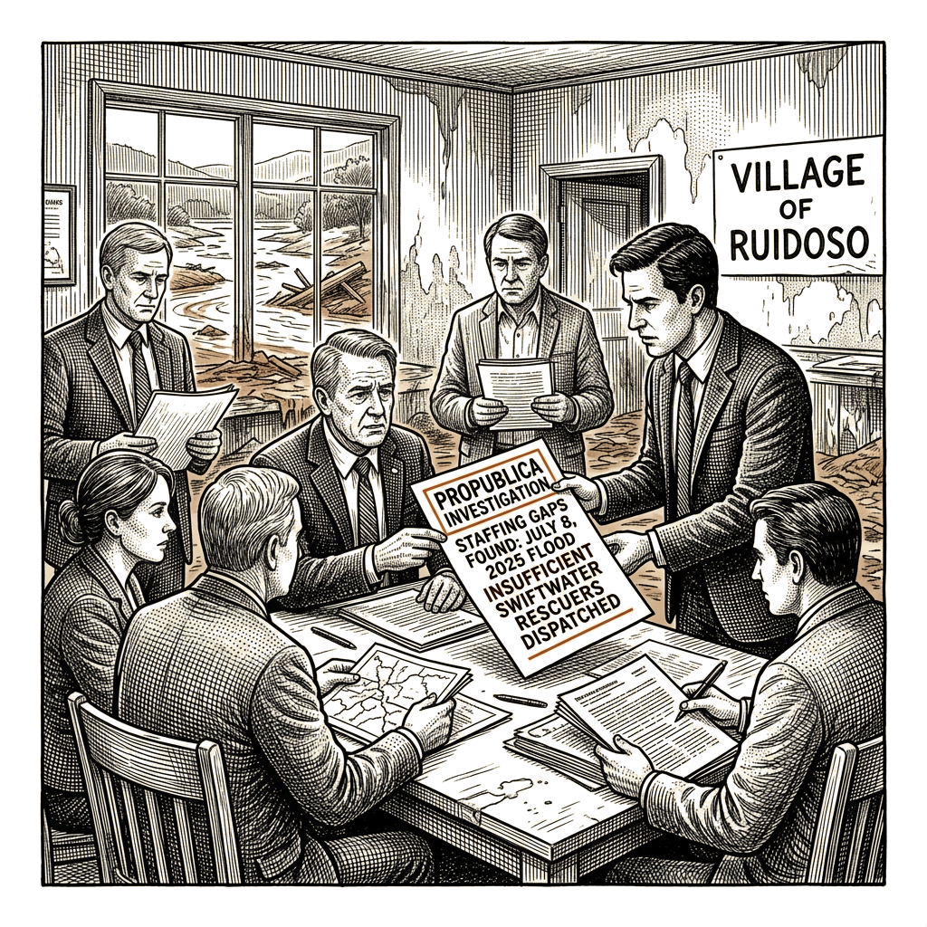 Illustration accompanying article: Investigation finds staffing gaps before deadly 2025 Ruidoso flood