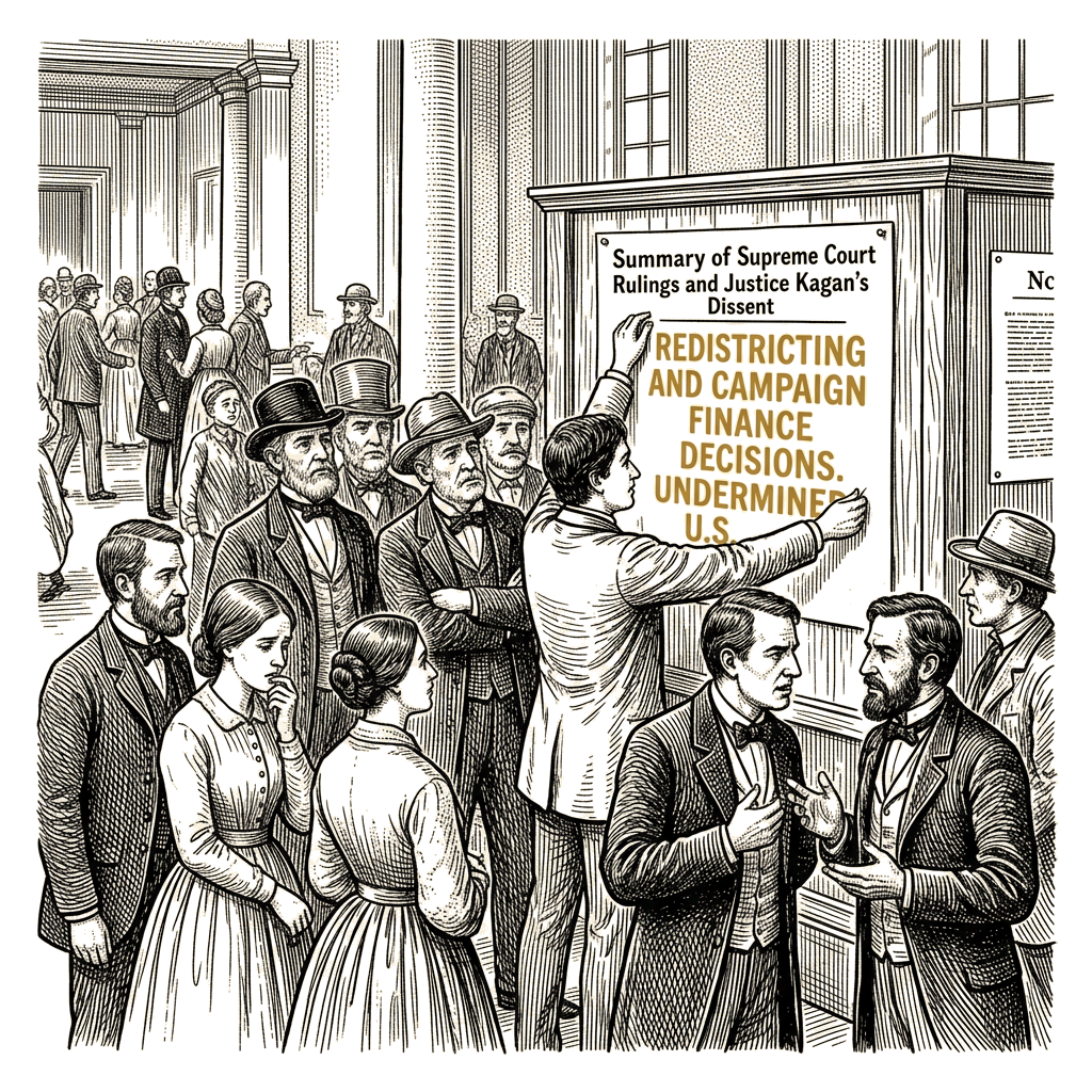 Illustration accompanying article: Kagan says Supreme Court rulings weakened democracy and intensified polarization