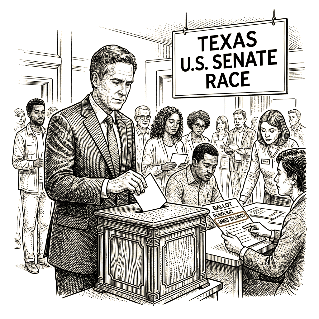 Illustration accompanying article: Neil Bush says he cast early ballot for Talarico in Texas Senate race