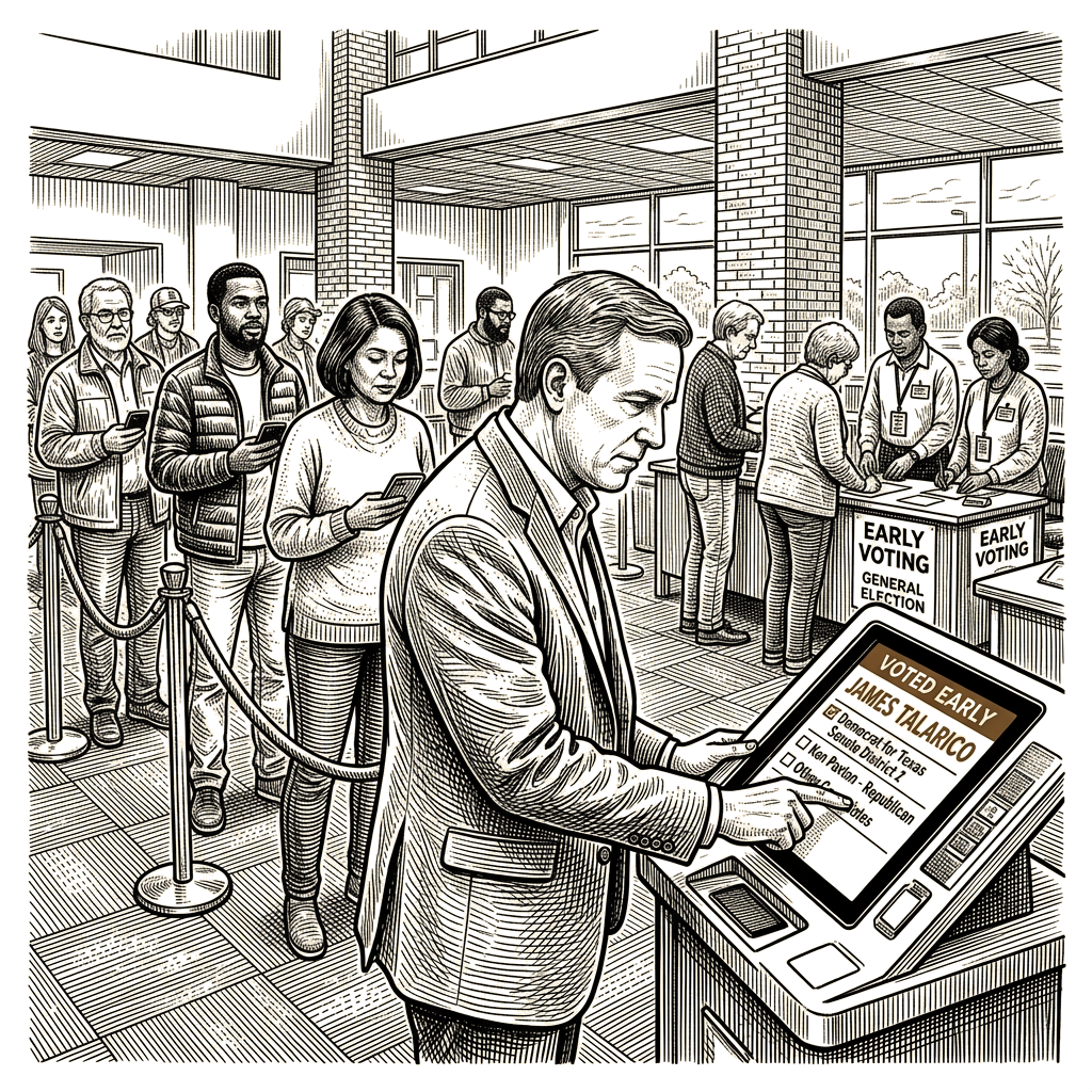 Illustration accompanying article: Neil Bush votes for Democrat Talarico over Paxton in Texas Senate race
