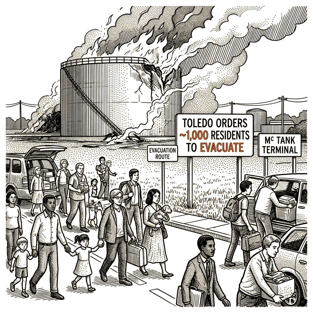 Illustration accompanying article: Toledo orders about 1,000 residents to evacuate after chemical tank explosion