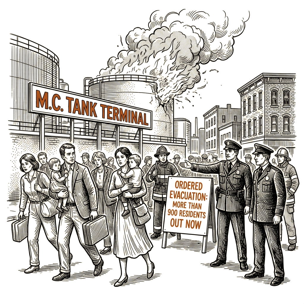 Illustration accompanying article: Toledo orders more than 900 residents out after M.C. Tank Terminal explosion