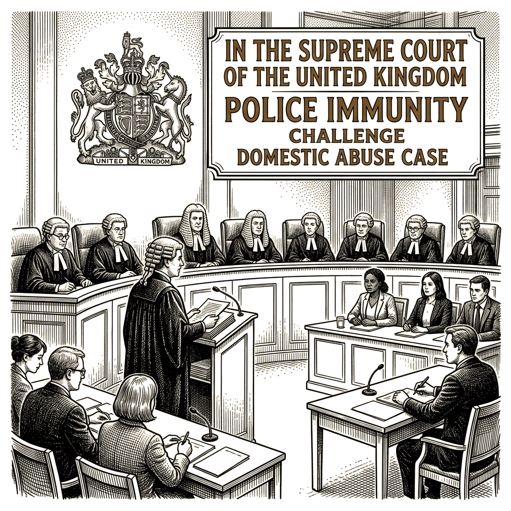 Illustration accompanying article: UK Supreme Court hears challenge to police immunity in domestic abuse case
