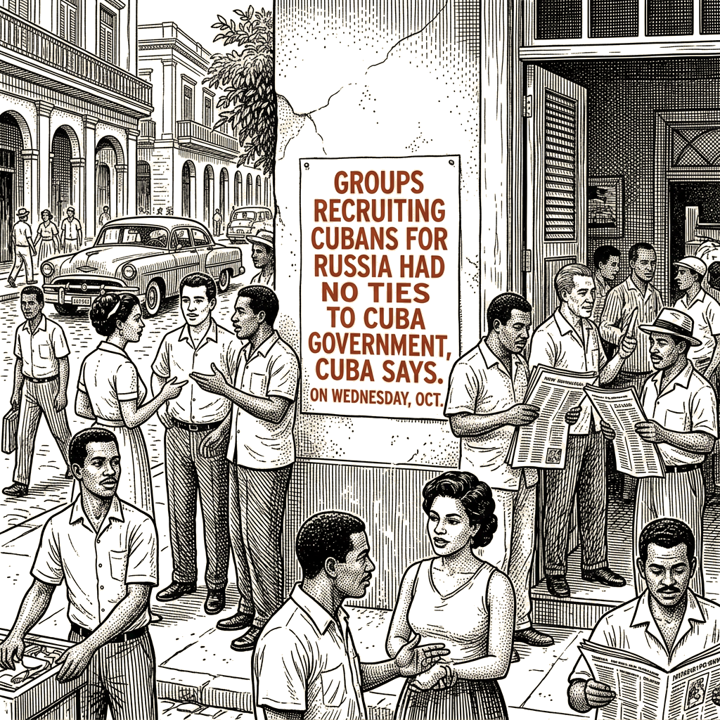Illustration accompanying article: Cuba says groups recruiting Cubans for Russia had no ties to its government