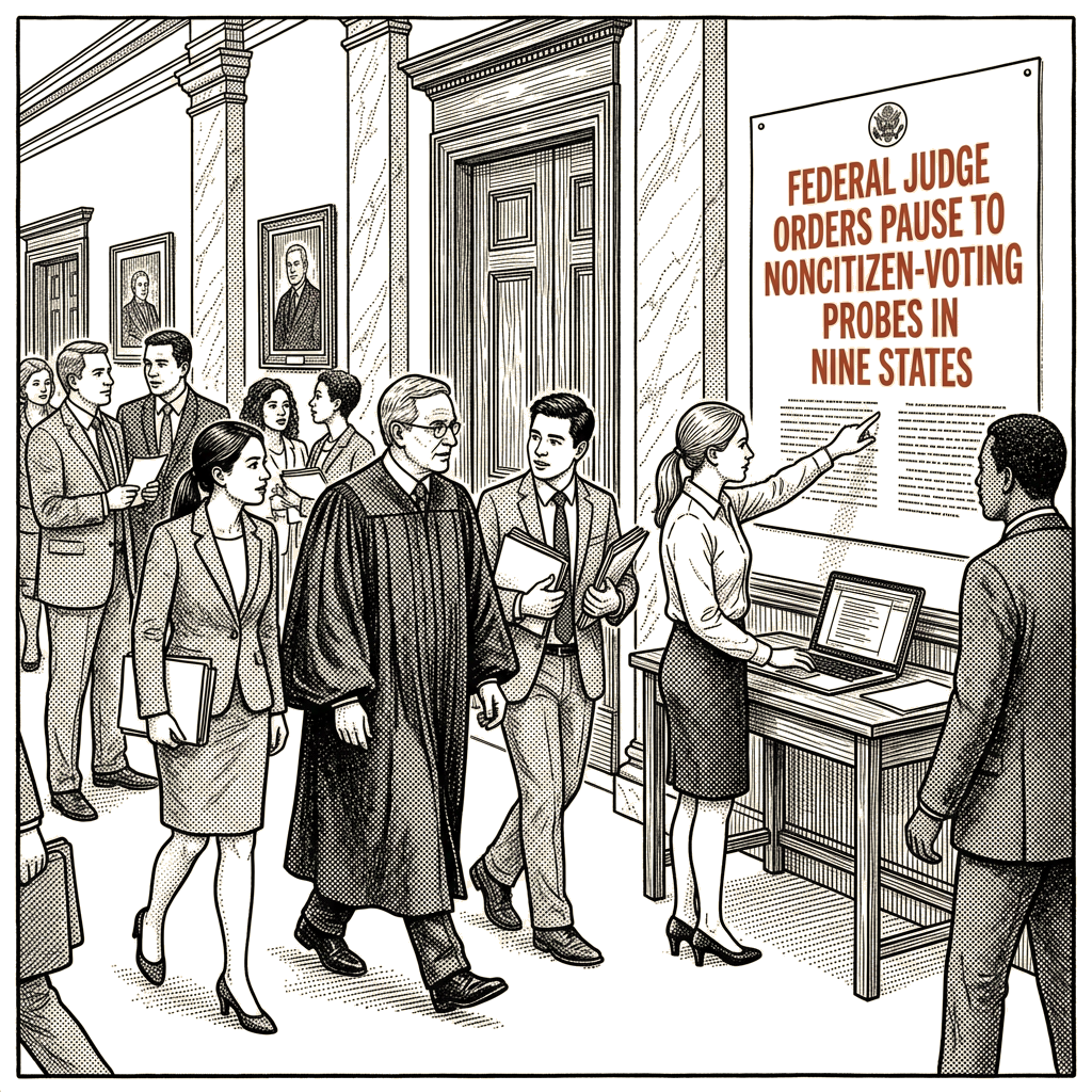 Illustration accompanying article: Federal judge orders pause to noncitizen-voting probes in nine states