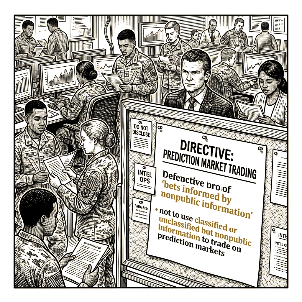Illustration accompanying article: Hegseth bars Department personnel from bets informed by nonpublic information