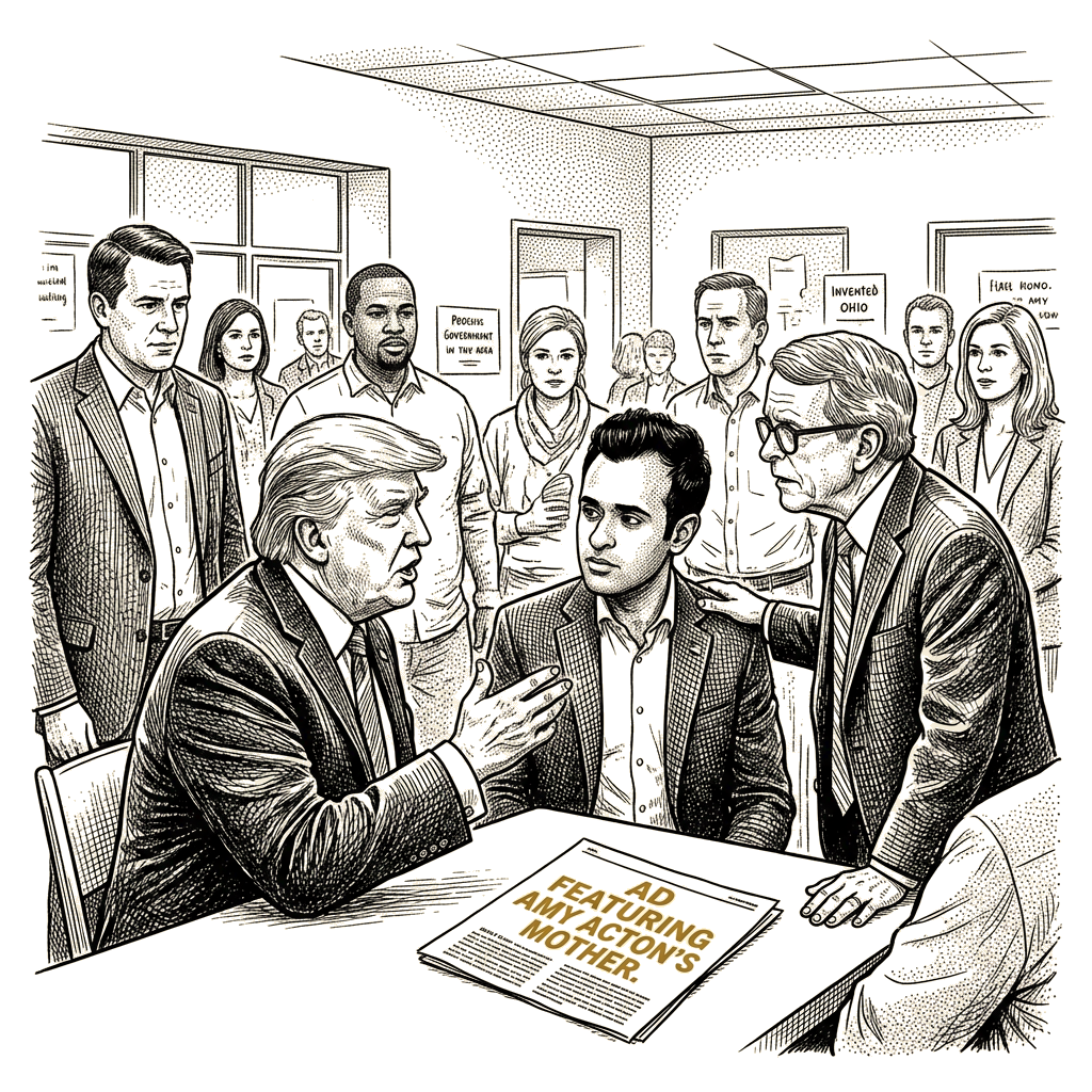 Illustration accompanying article: Trump urges Ramaswamy to keep ad as Ohio governor DeWine calls for its removal