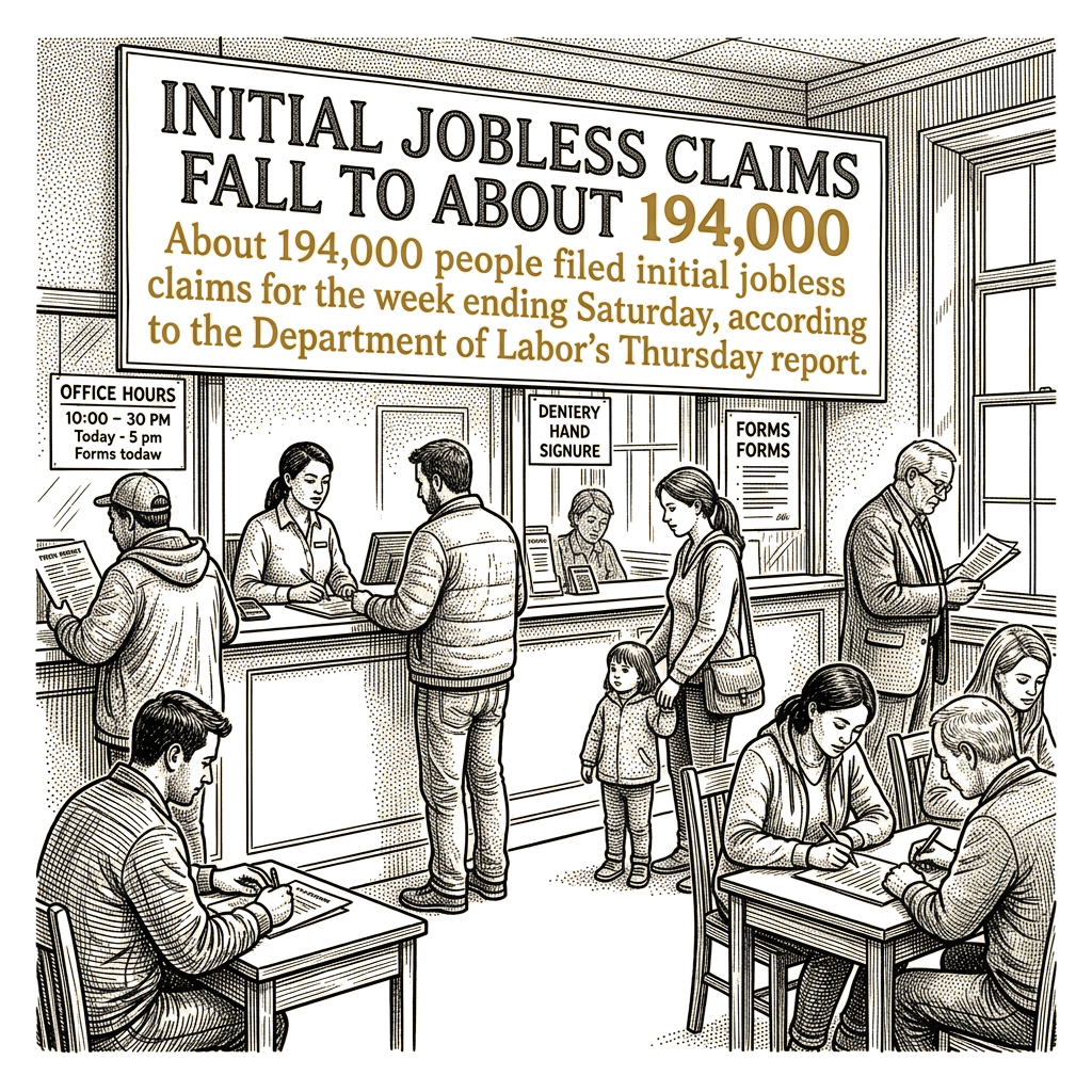 Illustration accompanying article: U.S. initial jobless claims fall to about 194,000