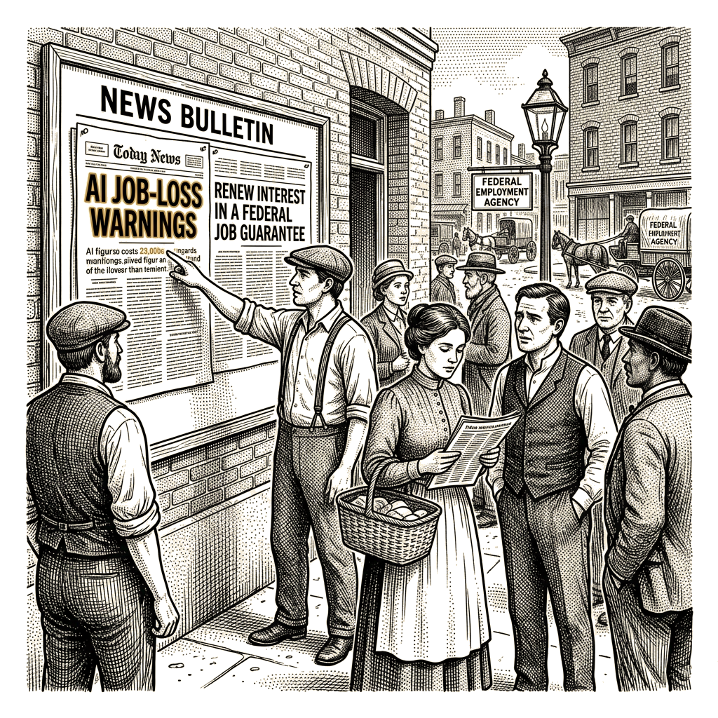 Illustration accompanying article: AI job-loss warnings renew interest in a federal job guarantee