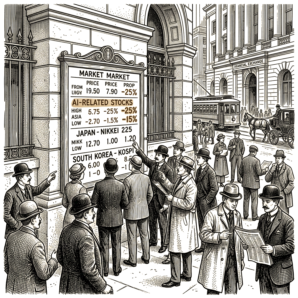 Illustration accompanying article: AI stocks fall overnight before Japan and South Korea trade broadly flat