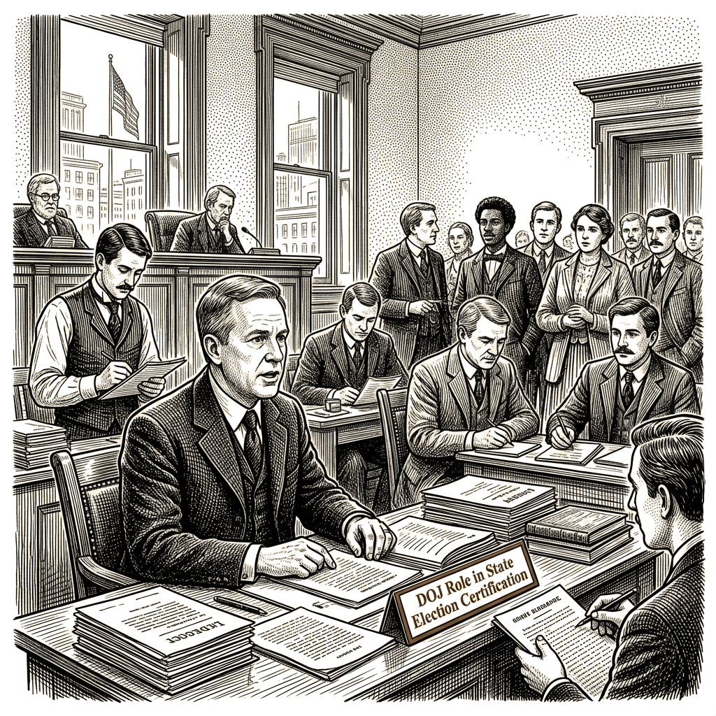 Illustration accompanying article: Blanche won't rule out DOJ role in state election certification