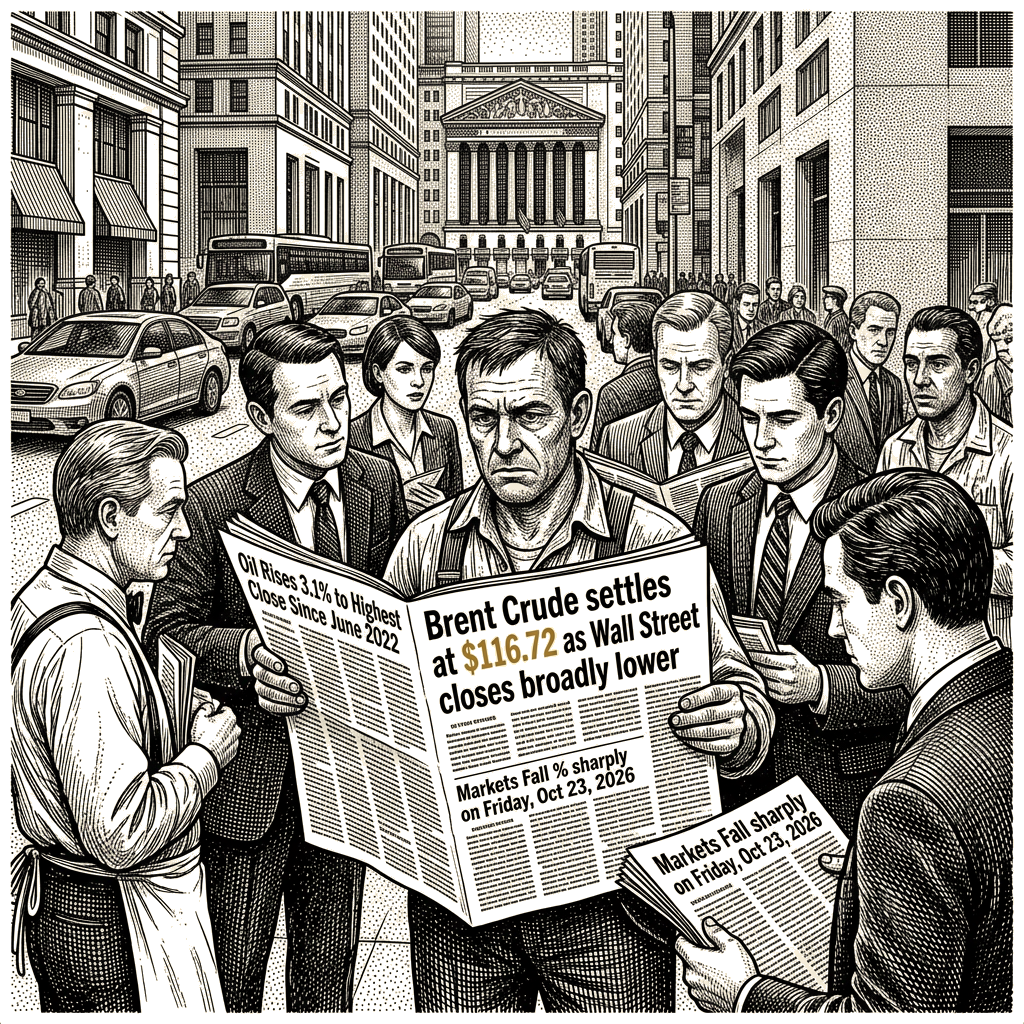 Illustration accompanying article: Brent crude settles at $116.72 as Wall Street closes broadly lower