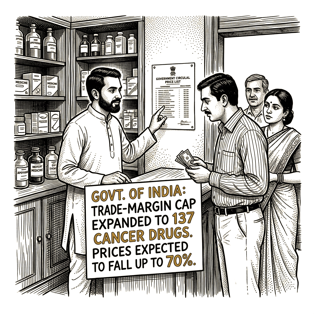 Illustration accompanying article: India caps prices for 137 cancer drugs after a court challenge