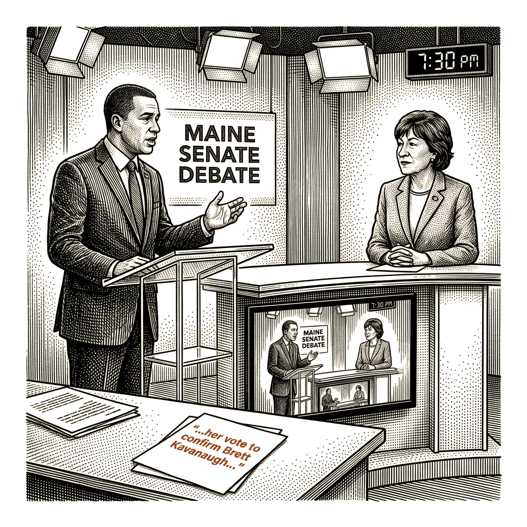 Illustration accompanying article: Jackson cites Collins's Kavanaugh vote in televised debate