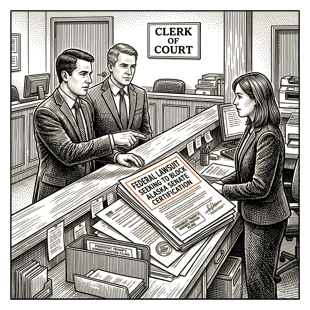 Illustration accompanying article: Justice Department files pre-election challenge to Alaska Senate certification