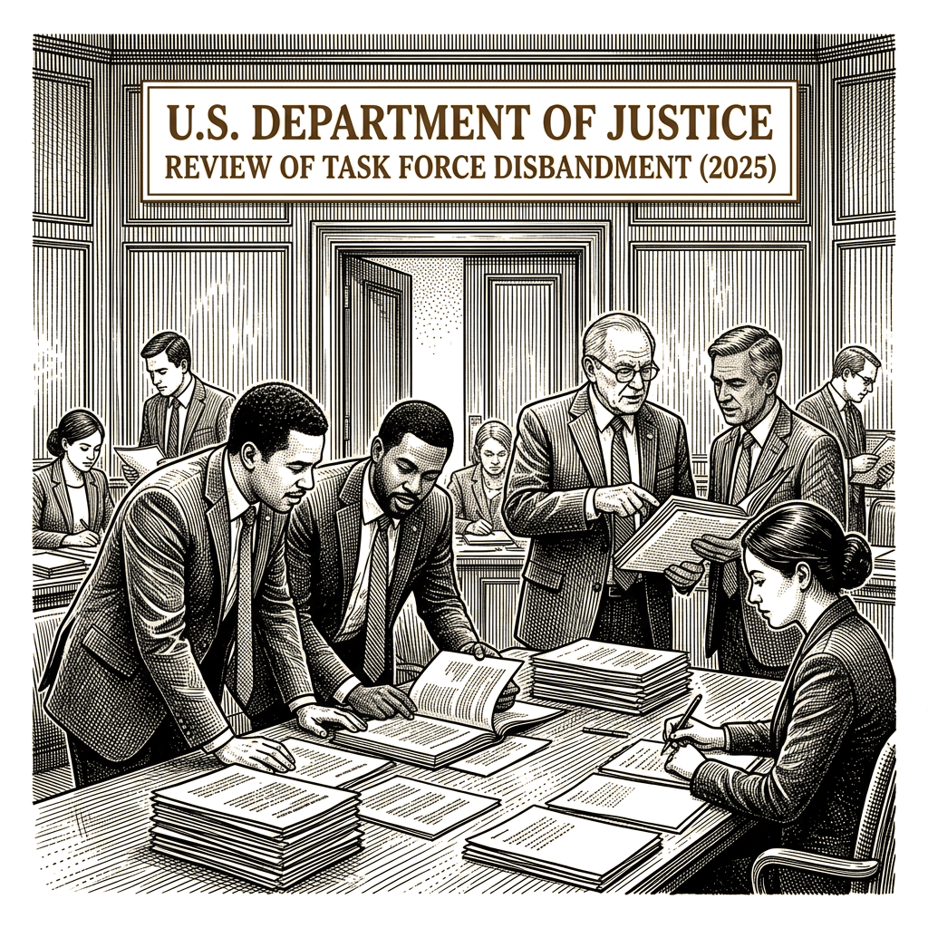 Illustration accompanying article: Justice Department review follows FBI task force's 2025 disbandment