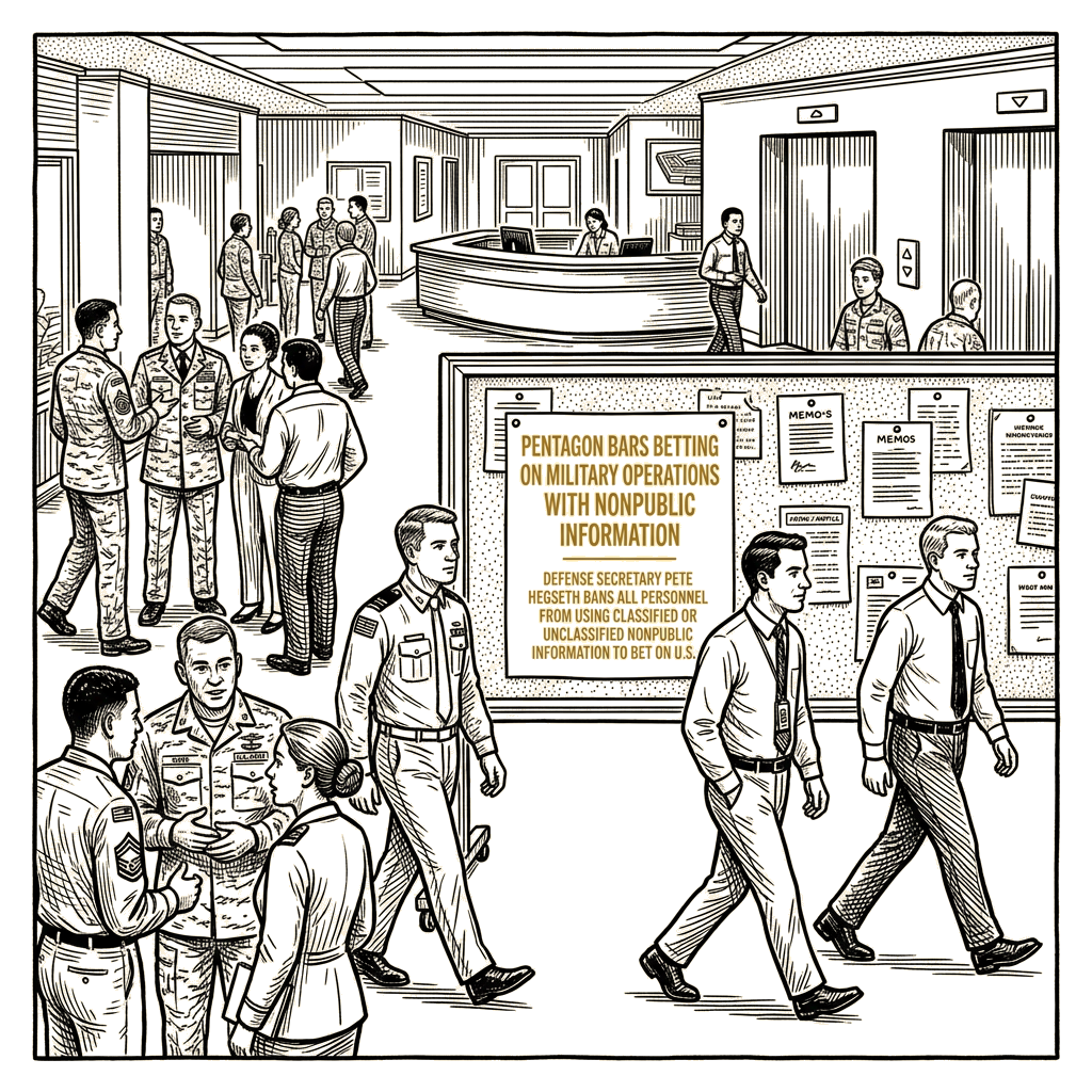 Illustration accompanying article: Pentagon bars betting on military operations with nonpublic information