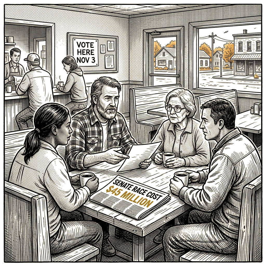 Illustration accompanying article: Rural Ohio voters weigh costs in toss-up Senate race