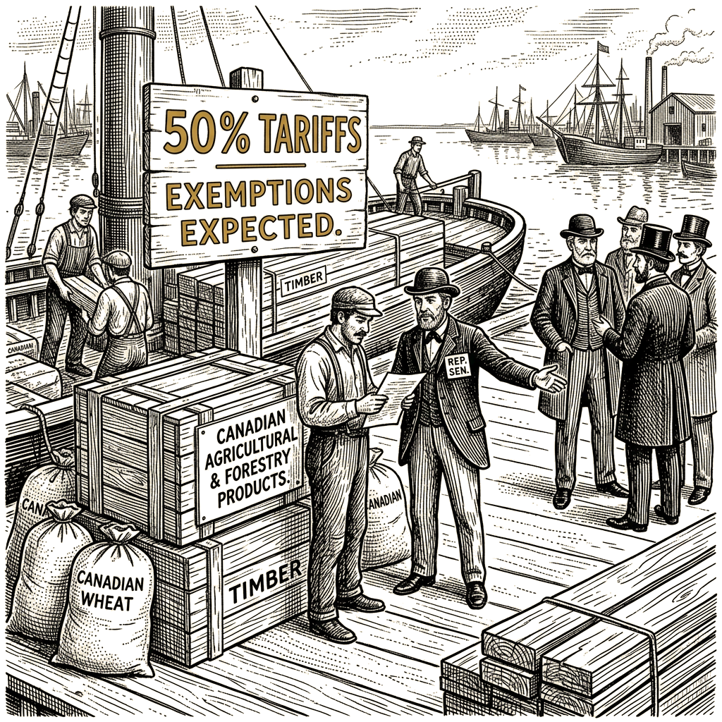 Illustration accompanying article: Trump administration expected to exempt some Canadian goods from 50% tariffs