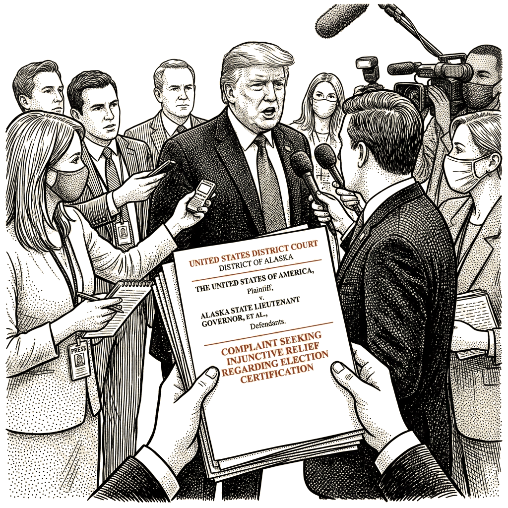 Illustration accompanying article: Trump says he ordered Justice Department to challenge Alaska Senate certification