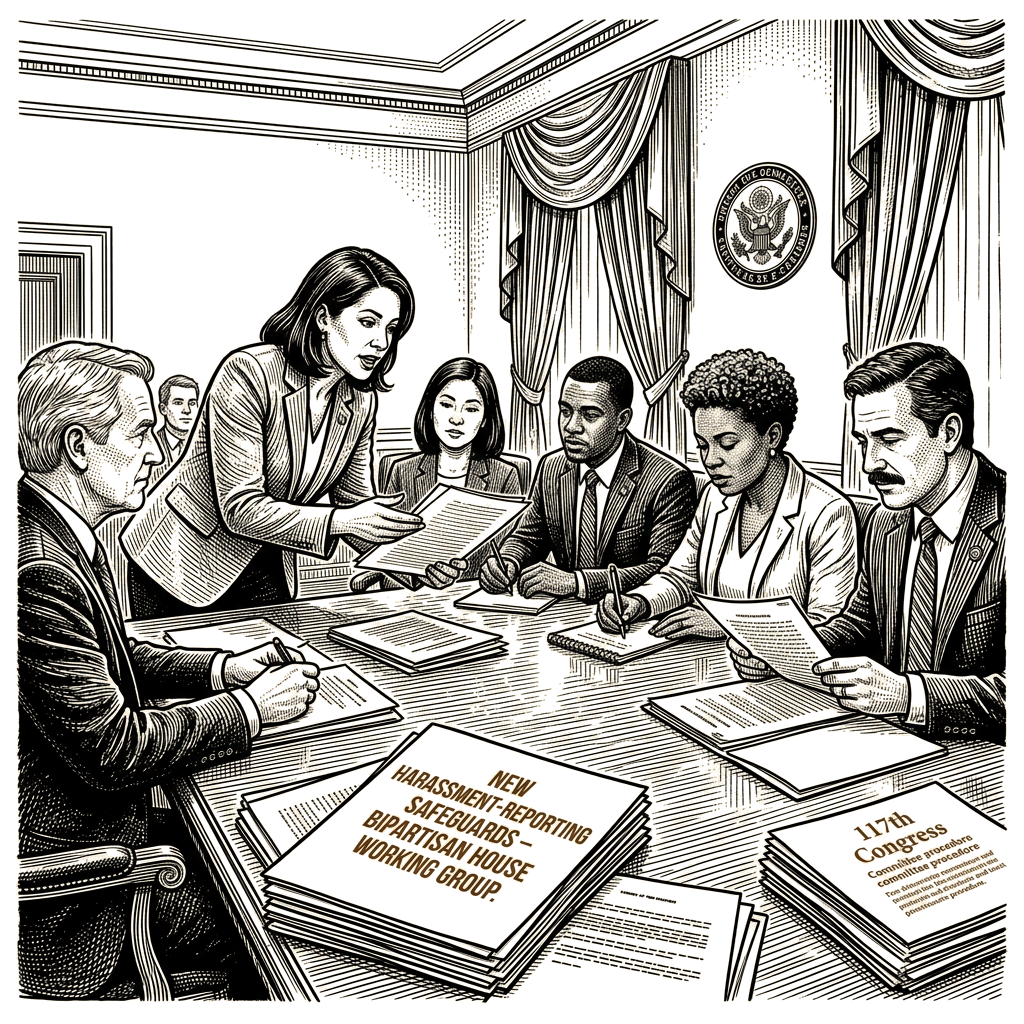 Illustration accompanying article: House working group considers new harassment-reporting safeguards
