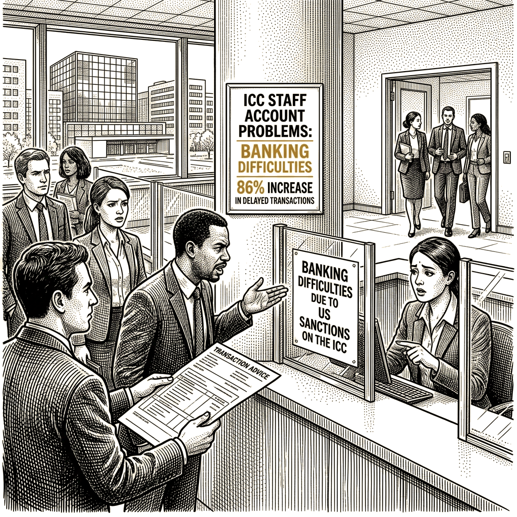 Illustration accompanying article: ICC deputy prosecutor reports staff banking problems amid US sanctions
