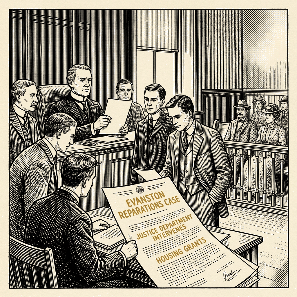 Illustration accompanying article: Justice Department receives permission to join Evanston reparations case