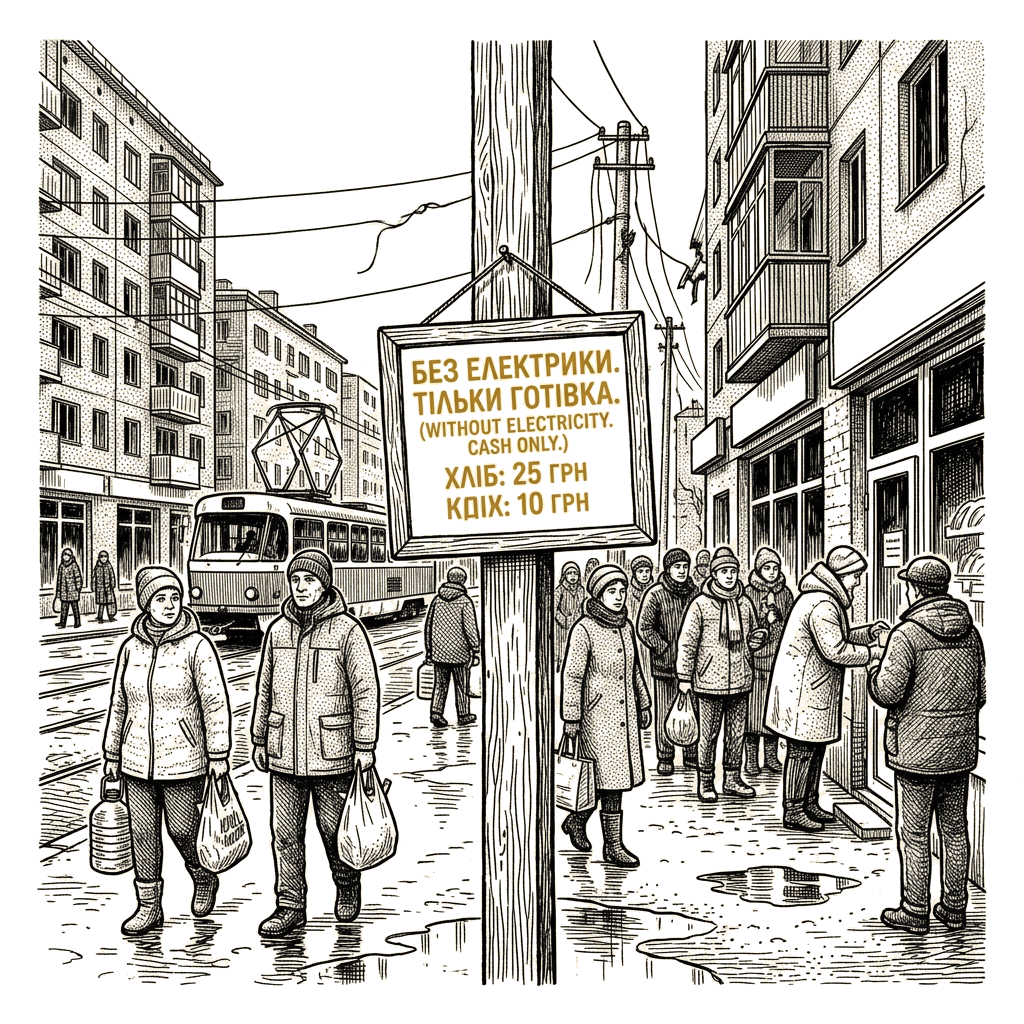 Illustration accompanying article: Russian strikes push Kyiv toward a winter of power outages